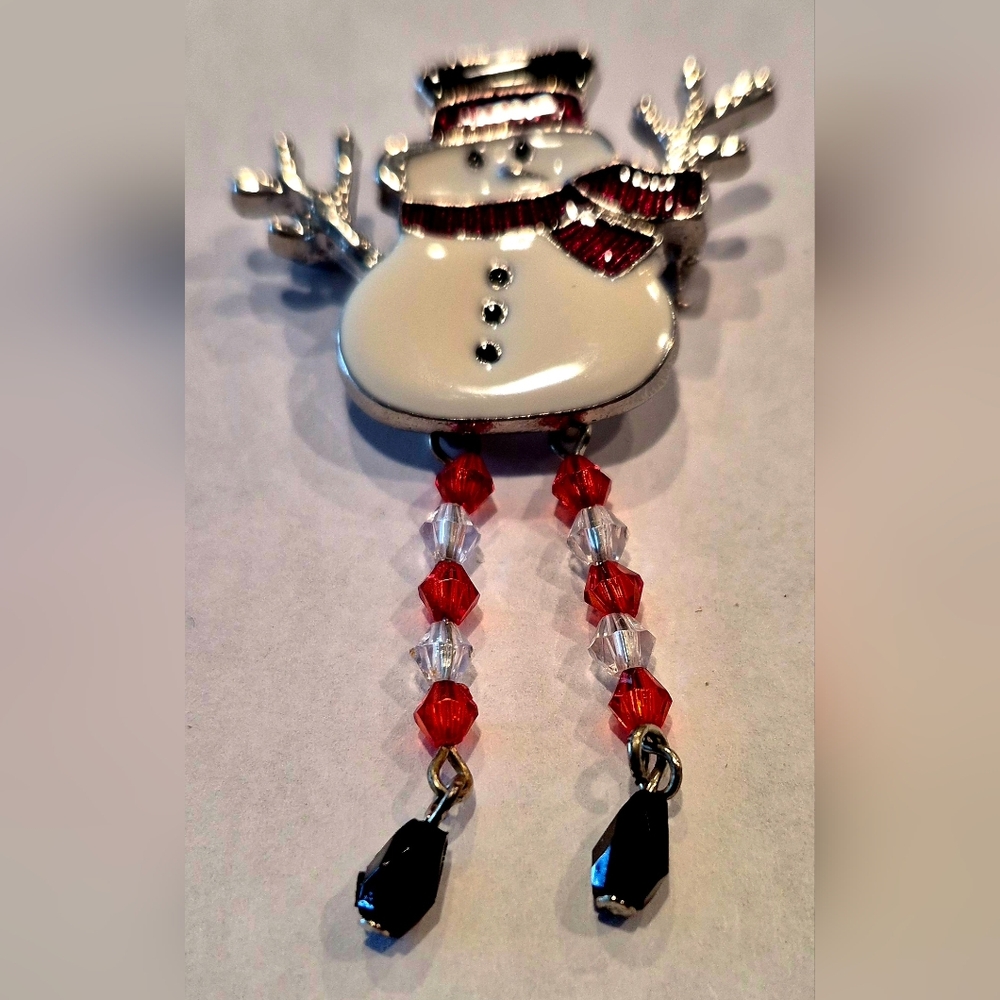 Snowman Brooch with Red and Silver Accents